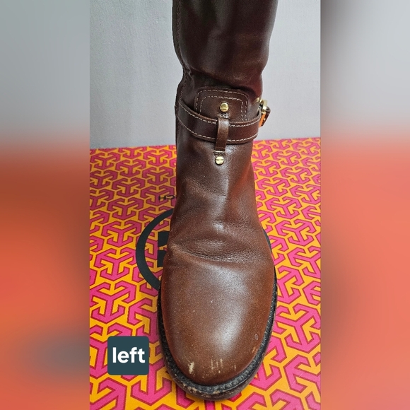 TORY BURCH ALMOND BROWN GOLD HARDWEAR GALLEON LEATHER RIDING  BOOTS SIZE 6 - Picture 9 of 15